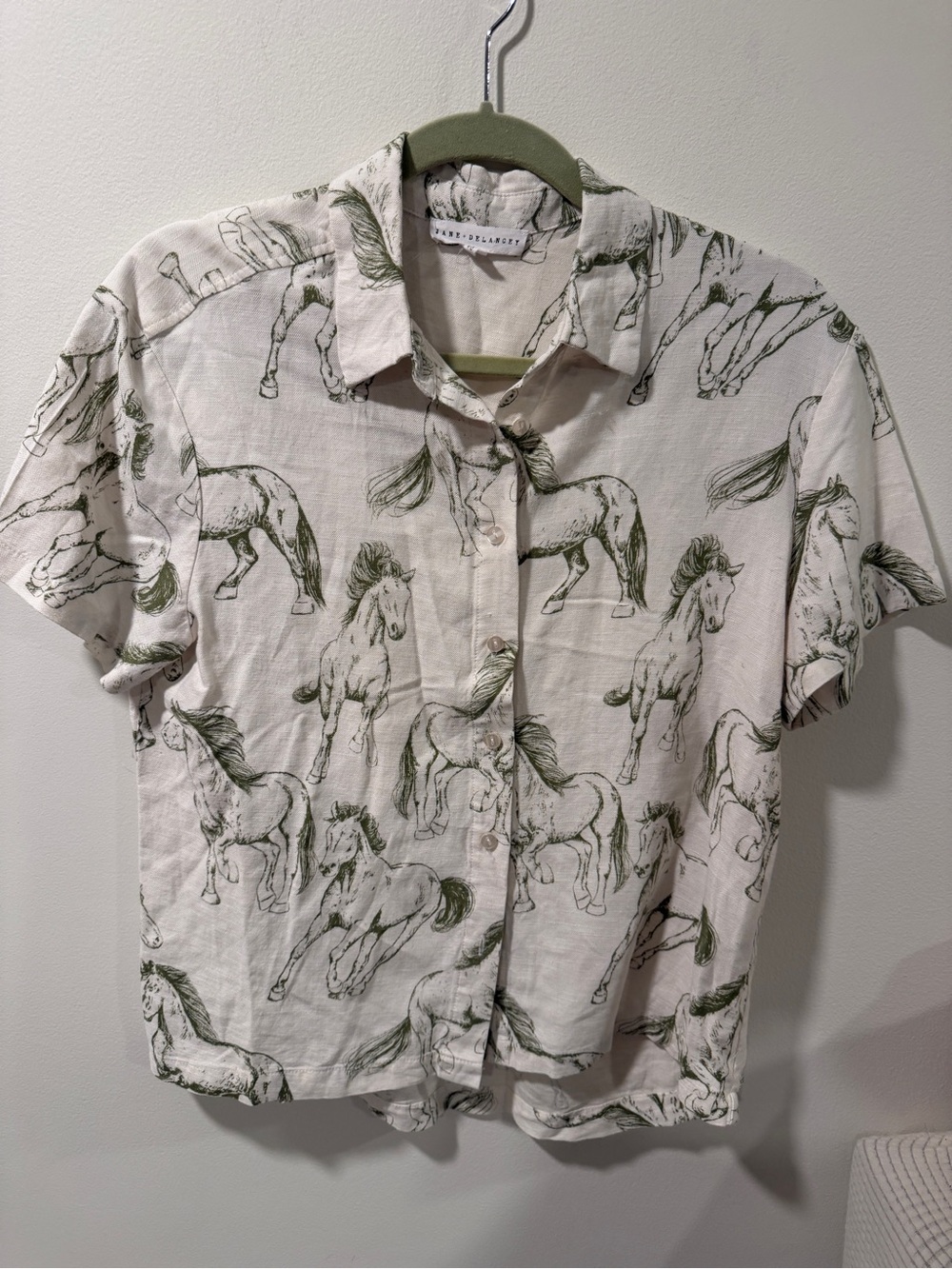 Jane and Delancey White Short-Sleeve Button-Up with Olive Horse Print